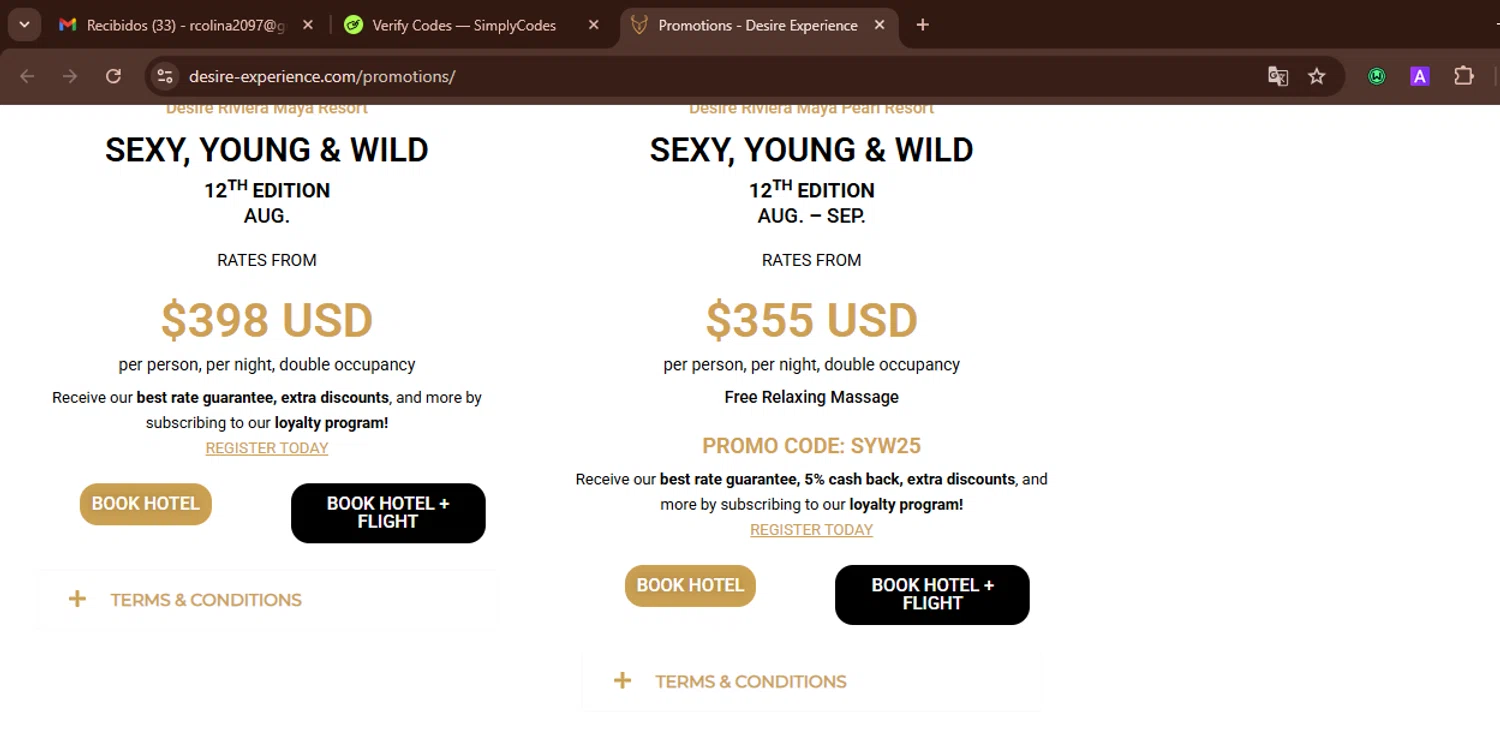 Desire Riviera Maya Resort promo code screenshot showing code SYW25 applied at Desire Riviera Maya Resort checkout page. Uploaded by SimplyCodes community member WonderWarden594 on Jul 30, 2025