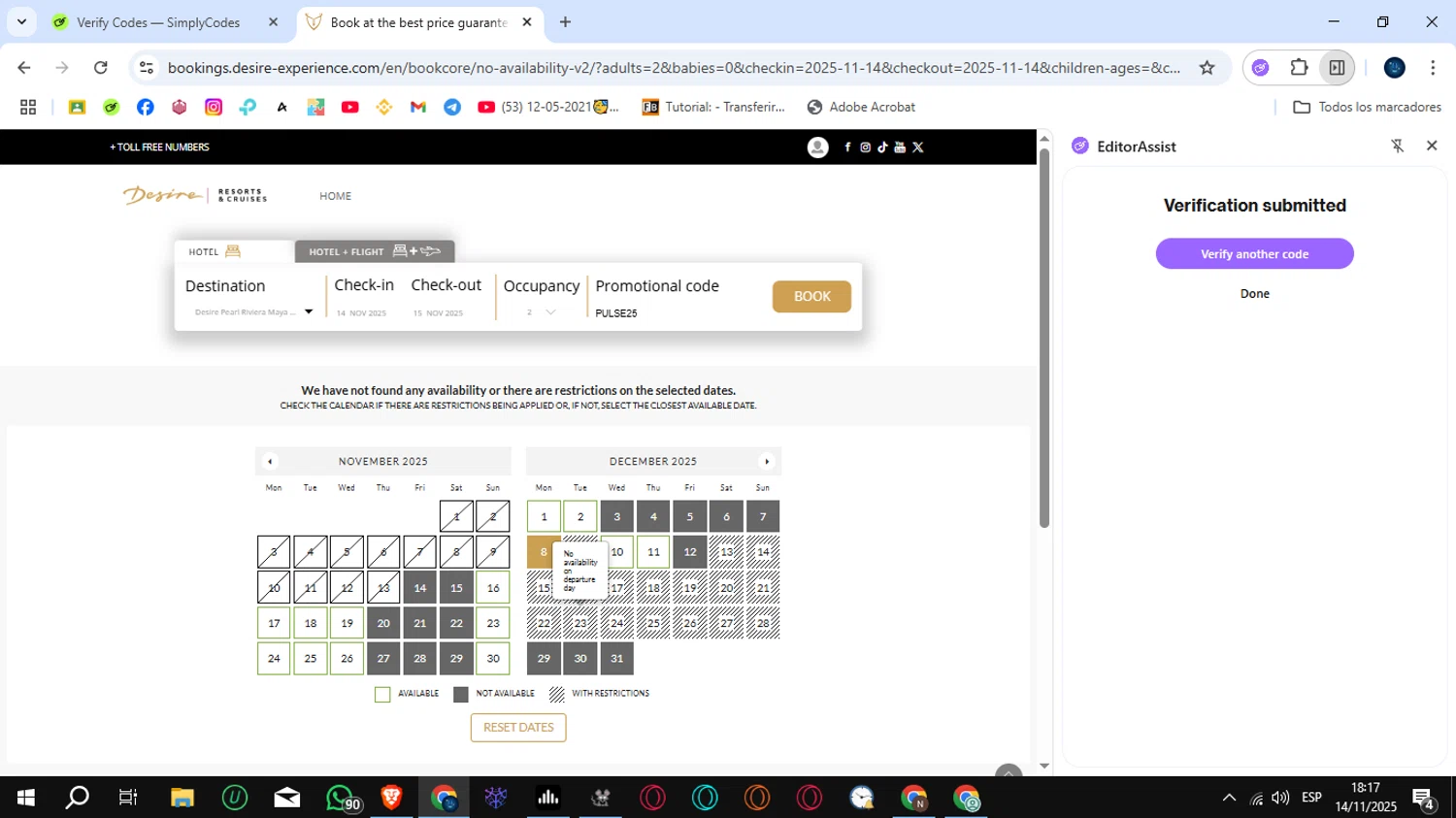 Desire Riviera Maya Resort checkout page showing Desire Riviera Maya Resort promo code box | Screenshot taken by SimplyCodes community member on Nov 14, 2025