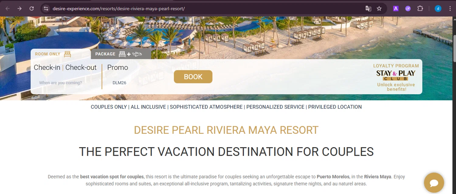 Desire Riviera Maya Resort promo code screenshot showing code DLM26 applied at Desire Riviera Maya Resort checkout page. Uploaded by SimplyCodes community member ShieldKnight4744 on Feb 17, 2026