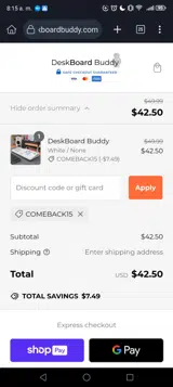 COMEBACK15 coupon verification screenshot