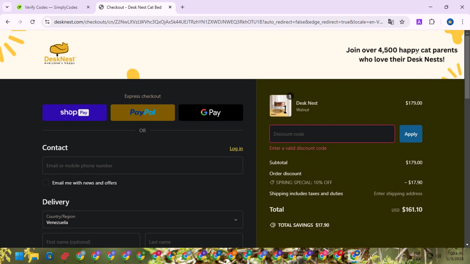 Desk Nest promo code screenshot showing code FLOPPYCATS12 applied at Desk Nest checkout page. Uploaded by SimplyCodes community member SwiftWarden6832 on Mar 1, 2025