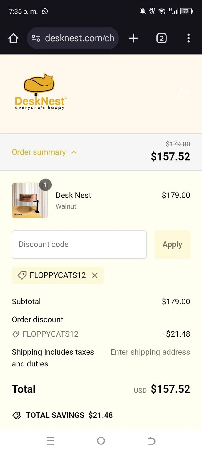 Desk Nest checkout page showing Desk Nest promo code box | Screenshot taken by SimplyCodes community member on Jan 1, 2025