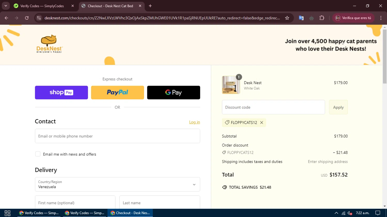 Desk Nest checkout page showing Desk Nest promo code box | Screenshot taken by SimplyCodes community member on Jan 31, 2025