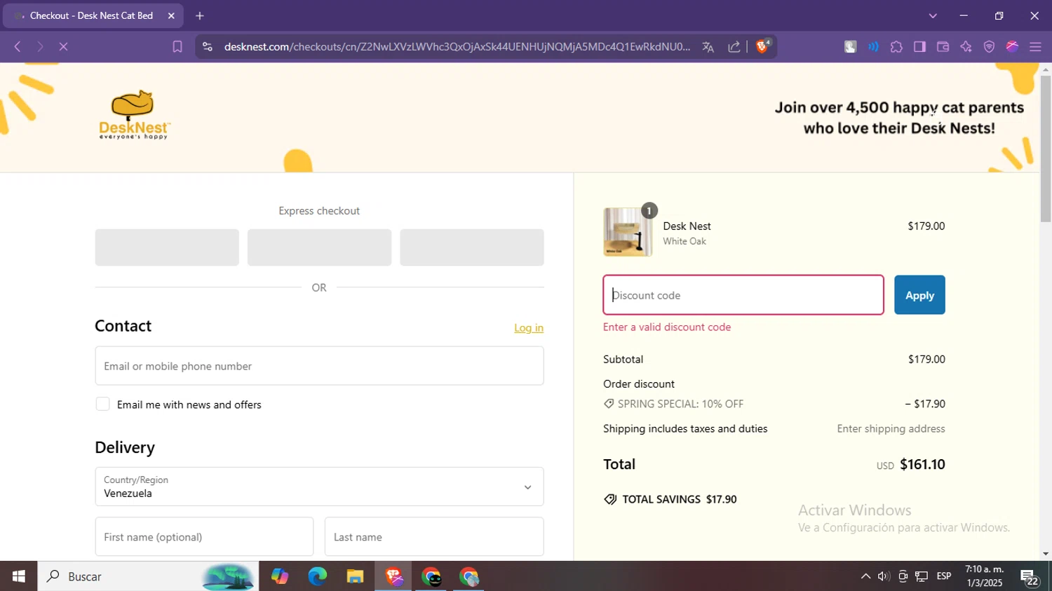 Desk Nest promo code screenshot showing code FLOPPYCATS12 applied at Desk Nest checkout page. Uploaded by SimplyCodes community member BargainWizard5755 on Mar 1, 2025