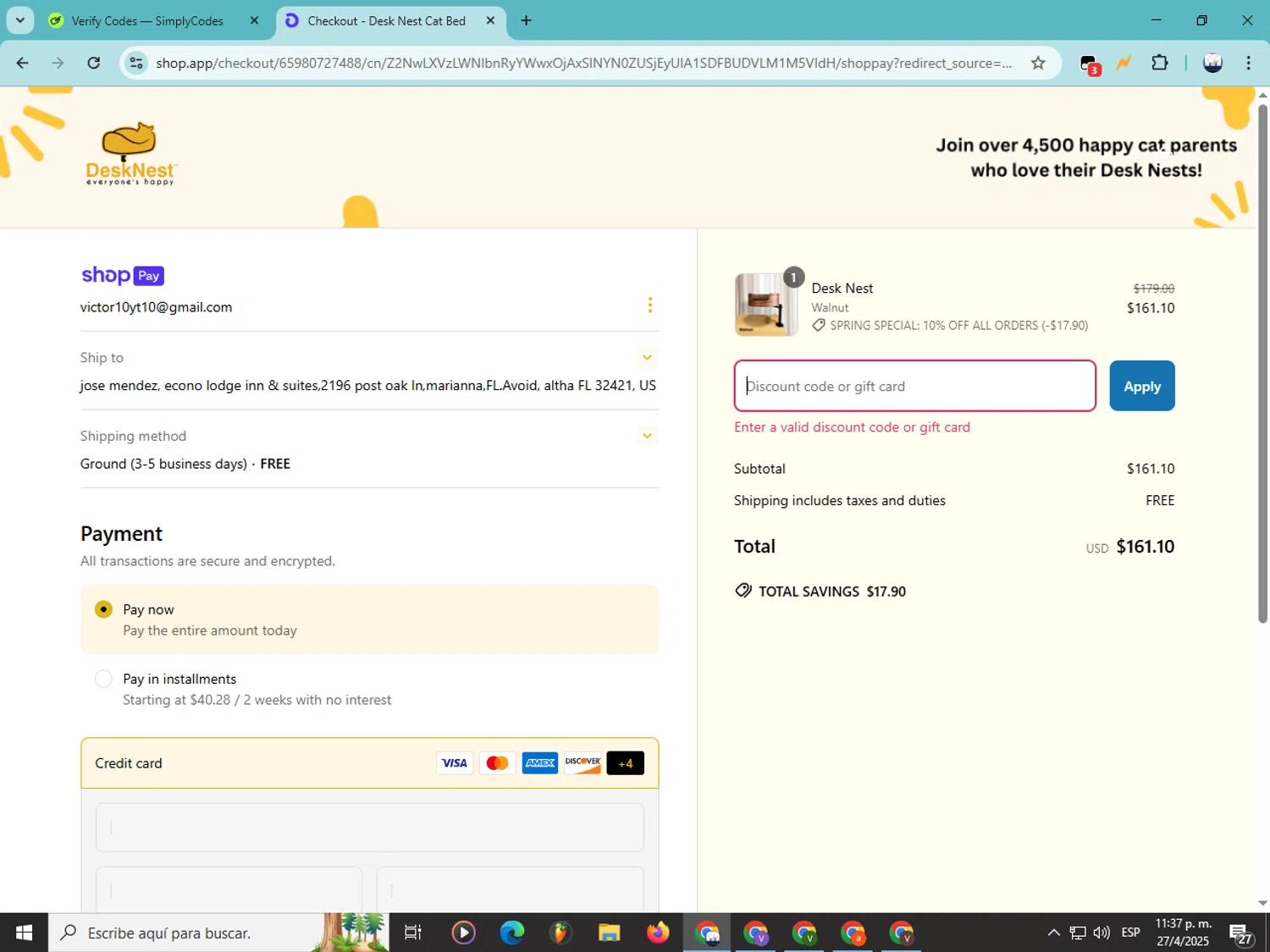 Desk Nest promo code screenshot showing code DNFLOPPY applied at Desk Nest checkout page. Uploaded by SimplyCodes community member Soyvictor on Apr 28, 2025