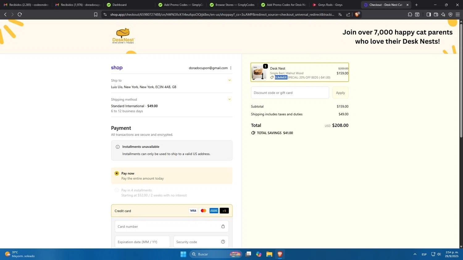 Desk Nest promo code screenshot showing code SUMMER applied at Desk Nest checkout page. Uploaded by SimplyCodes community member Mdeoca on Sep 29, 2025