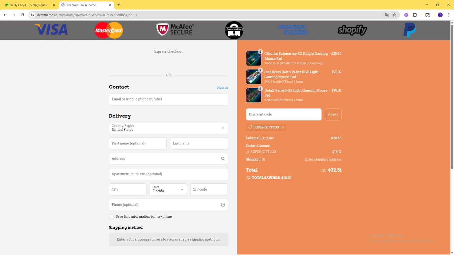 DeskTheme promo code screenshot showing code supergift200 applied at DeskTheme checkout page. Uploaded by SimplyCodes community member AberthGotopo on Sep 11, 2025