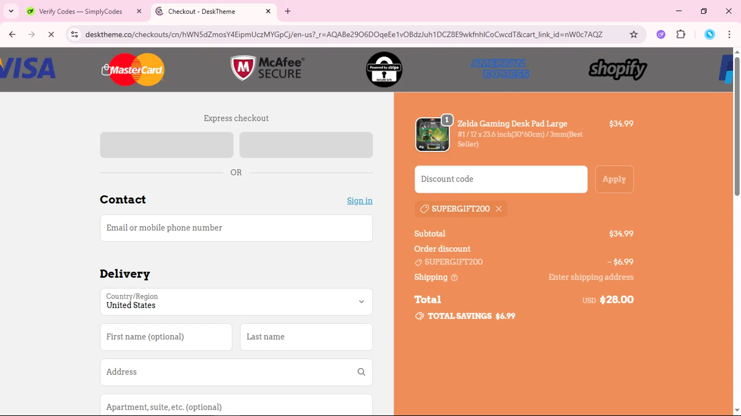 DeskTheme promo code screenshot showing code supergift200 applied at DeskTheme checkout page. Uploaded by SimplyCodes community member fabianmartinez on Nov 23, 2025
