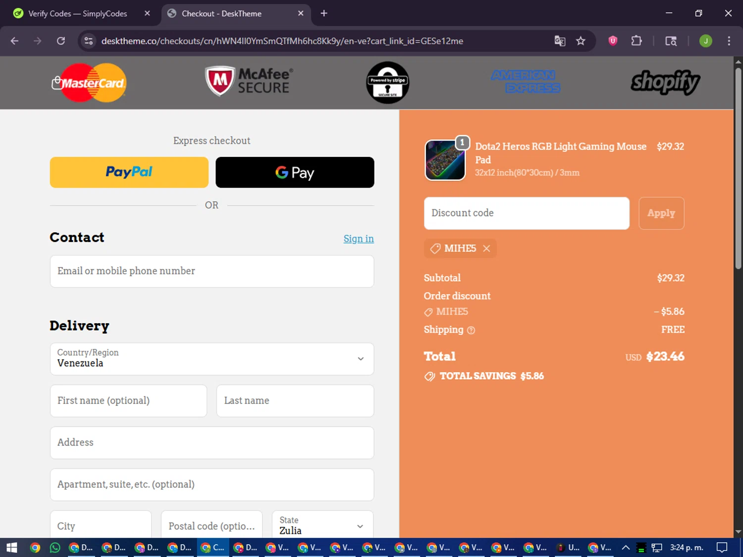 DeskTheme promo code screenshot showing code MIHE5 applied at DeskTheme checkout page. Uploaded by SimplyCodes community member LilBaby on Oct 31, 2025