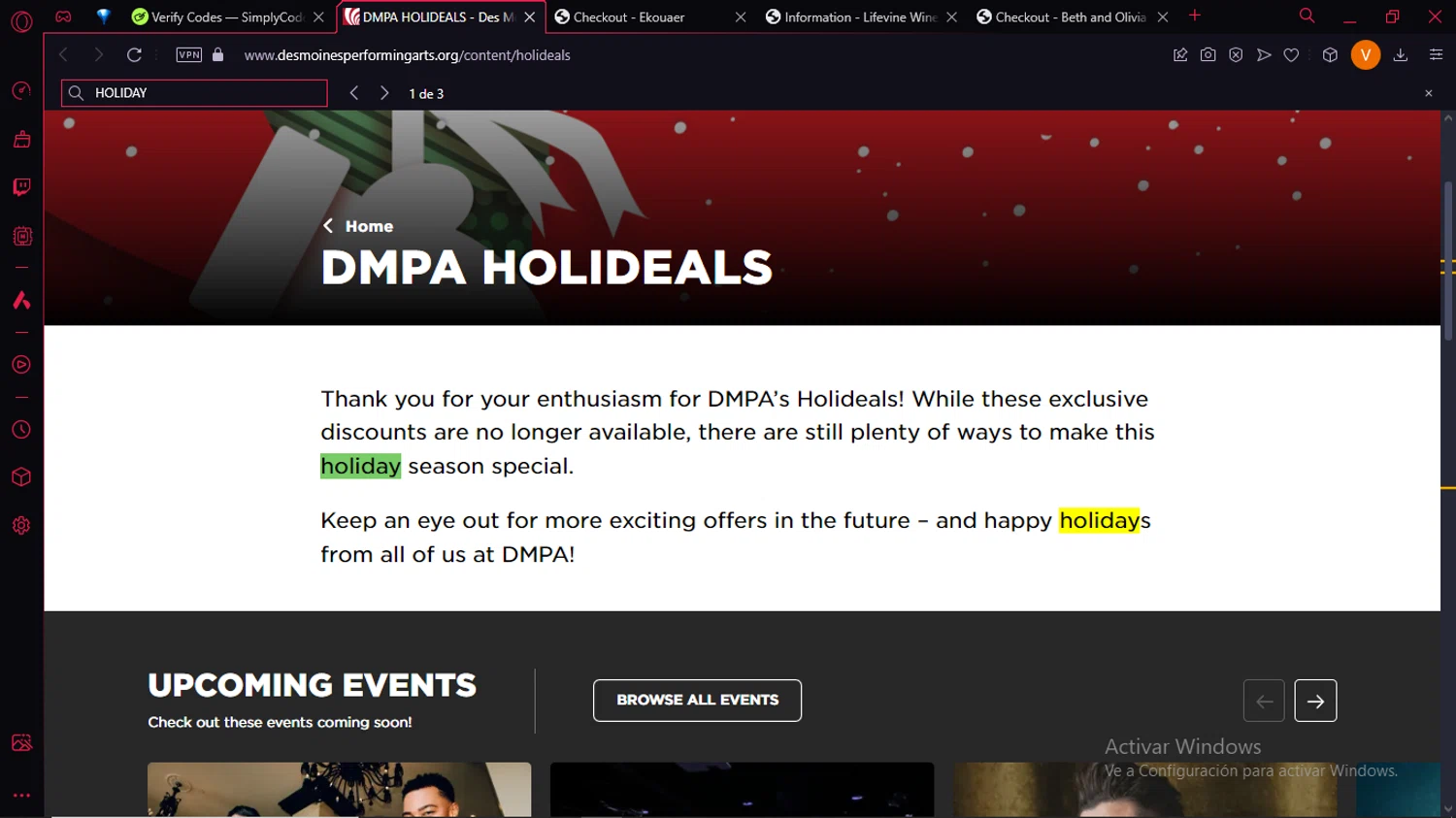 Des Moines Performing Arts promo code screenshot showing code HOLIDAY applied at Des Moines Performing Arts checkout page. Uploaded by SimplyCodes community member BrilliantLion4485 on Dec 28, 2024