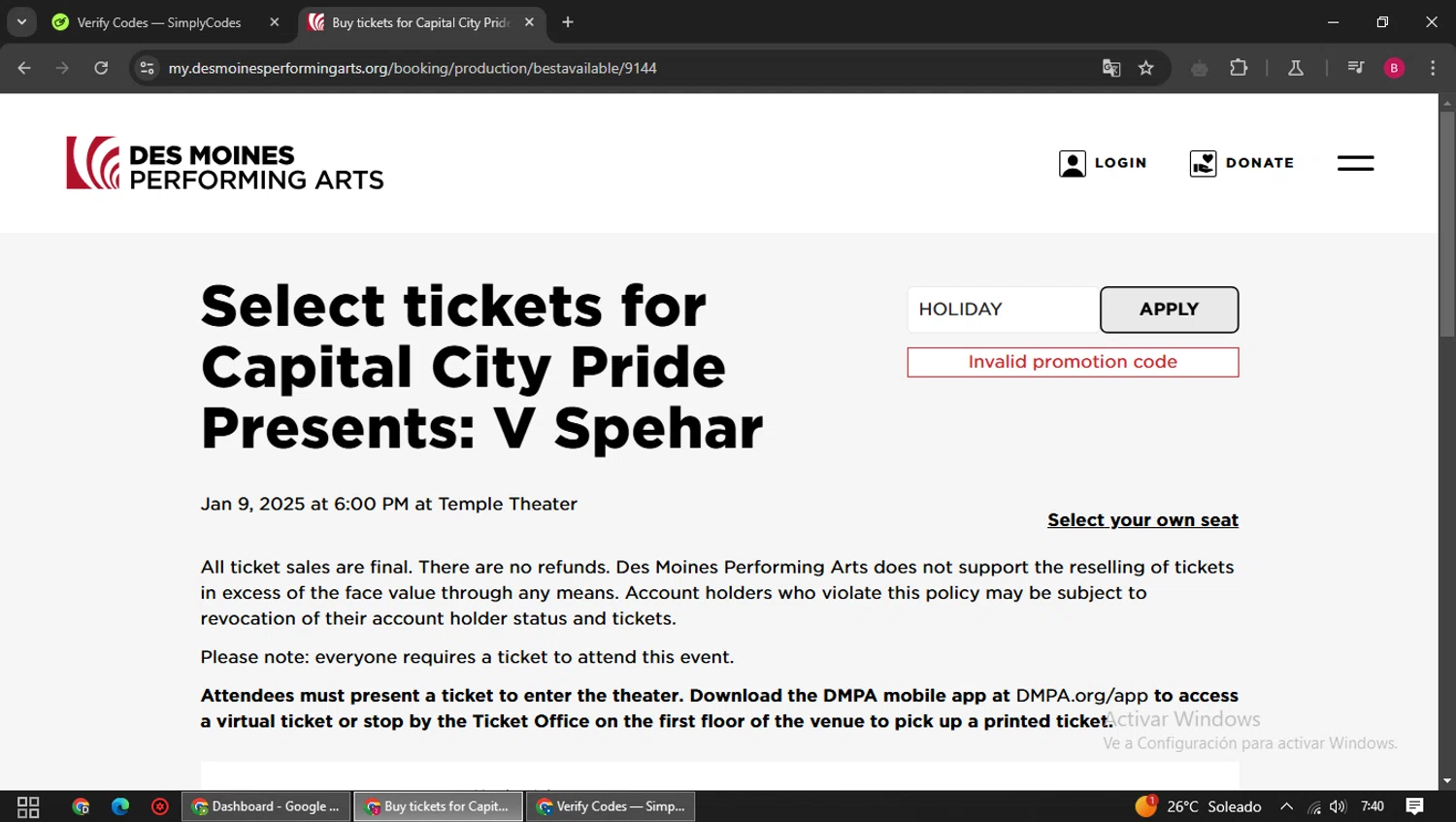 Des Moines Performing Arts promo code screenshot showing code HOLIDAY applied at Des Moines Performing Arts checkout page. Uploaded by SimplyCodes community member SwiftSage1747 on Dec 28, 2024