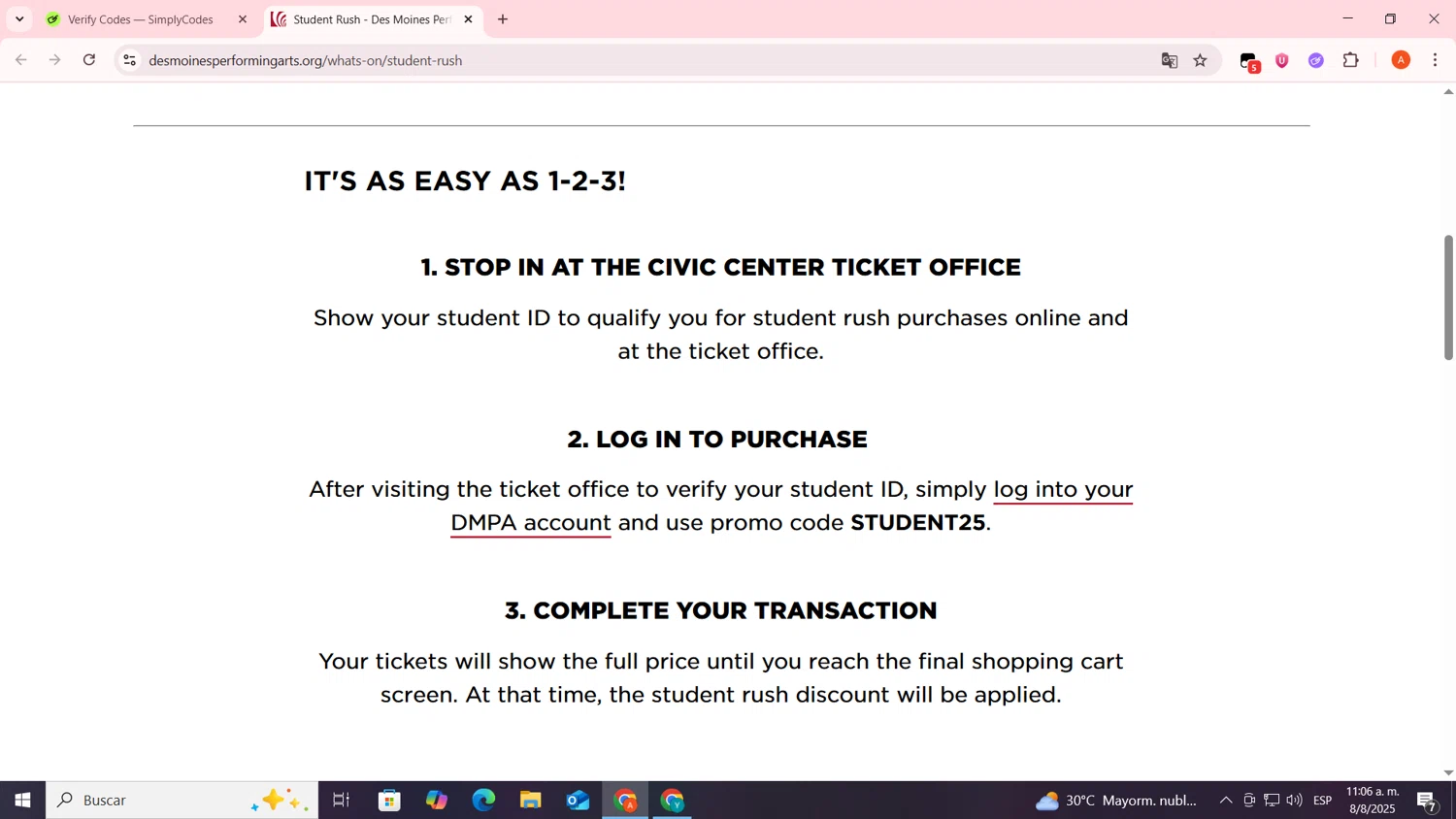 Des Moines Performing Arts promo code screenshot showing code STUDENT25 applied at Des Moines Performing Arts checkout page. Uploaded by SimplyCodes community member FrugalSentinel6206 on Aug 8, 2025