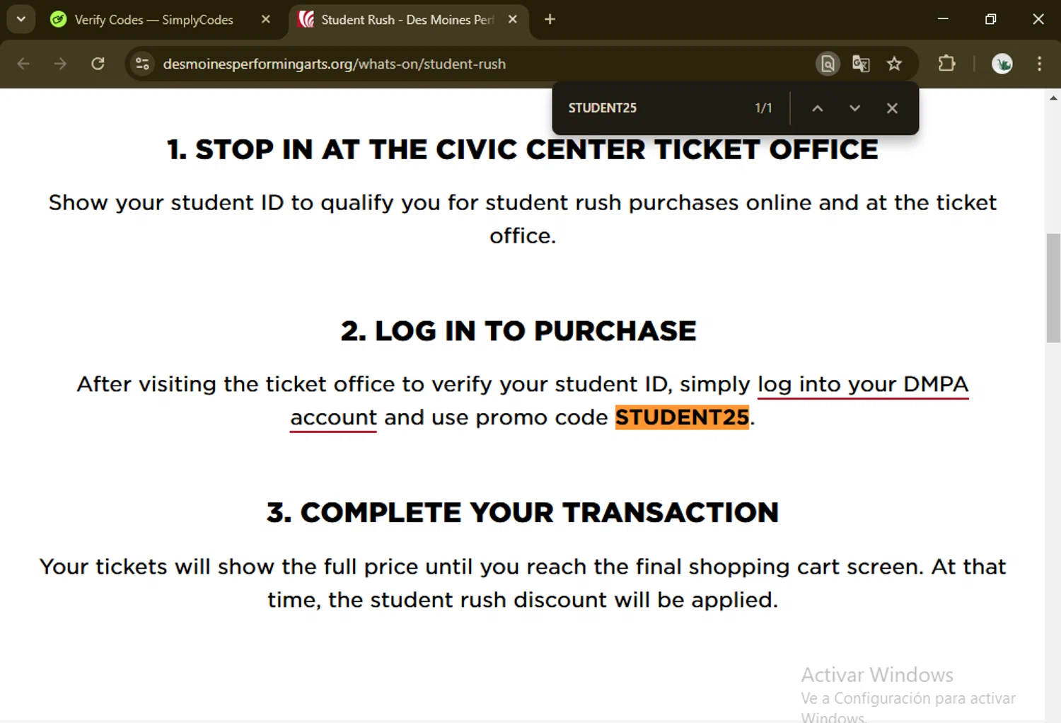 Des Moines Performing Arts checkout page showing Des Moines Performing Arts promo code box | Screenshot taken by SimplyCodes community member on Feb 28, 2025
