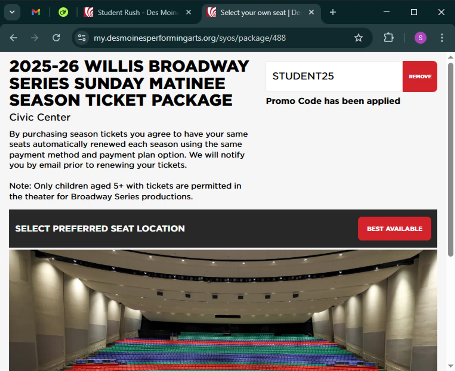 Des Moines Performing Arts checkout page showing Des Moines Performing Arts promo code box | Screenshot taken by SimplyCodes community member on Mar 11, 2025
