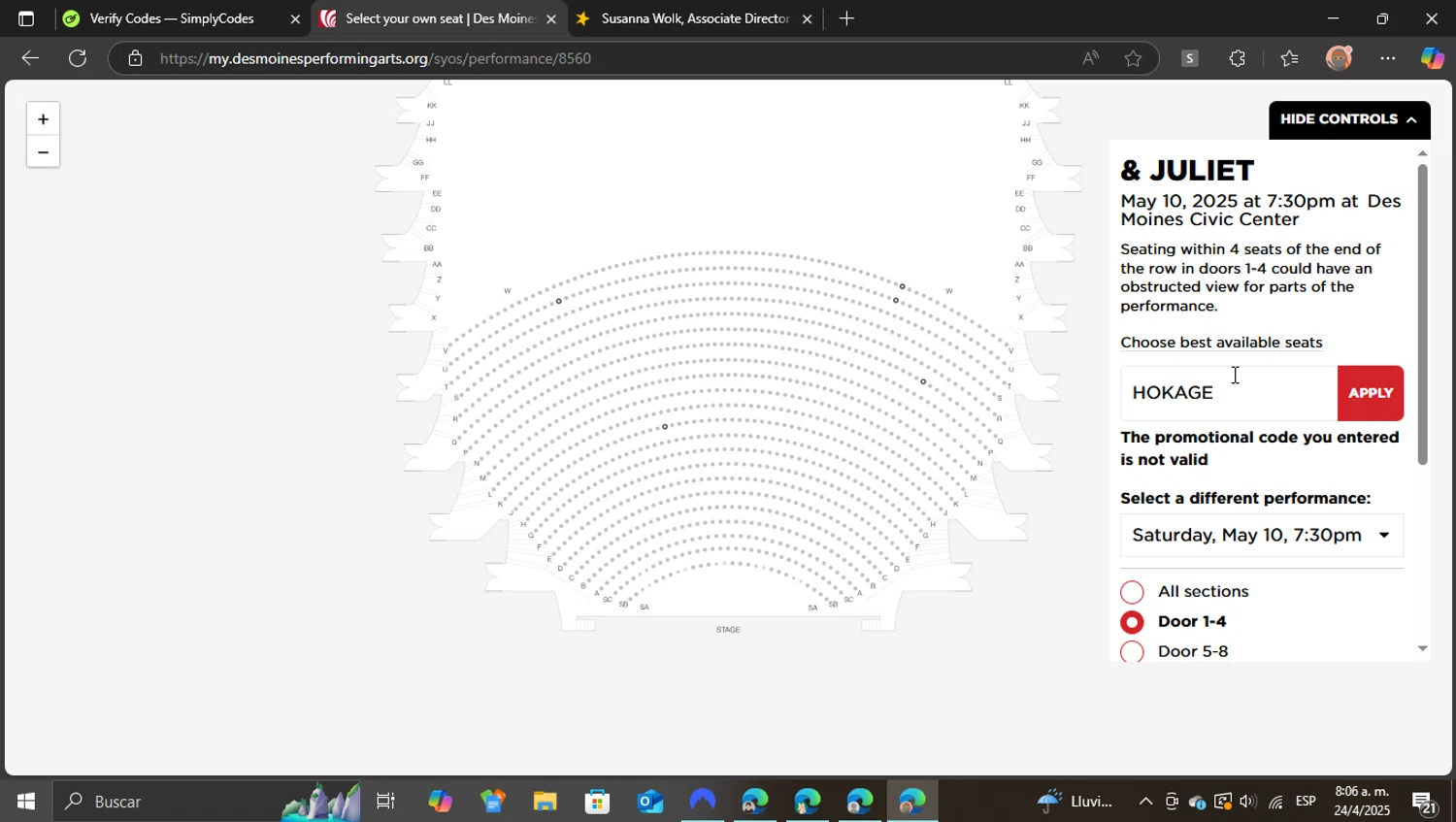 Des Moines Performing Arts promo code screenshot showing code HOKAGE applied at Des Moines Performing Arts checkout page. Uploaded by SimplyCodes community member ShieldEagle9436 on Apr 24, 2025