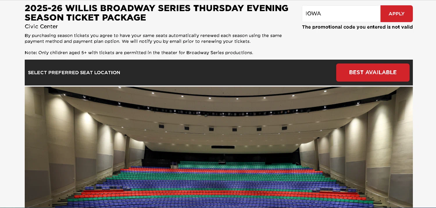 Des Moines Performing Arts promo code screenshot showing code IOWA applied at Des Moines Performing Arts checkout page. Uploaded by SimplyCodes community member xHRxUltrax on Jul 1, 2025