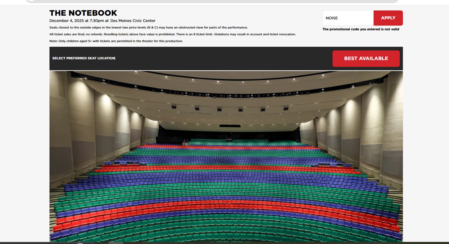 Des Moines Performing Arts promo code screenshot showing code NOISE applied at Des Moines Performing Arts checkout page. Uploaded by SimplyCodes community member SavingsWarden235 on Nov 15, 2025
