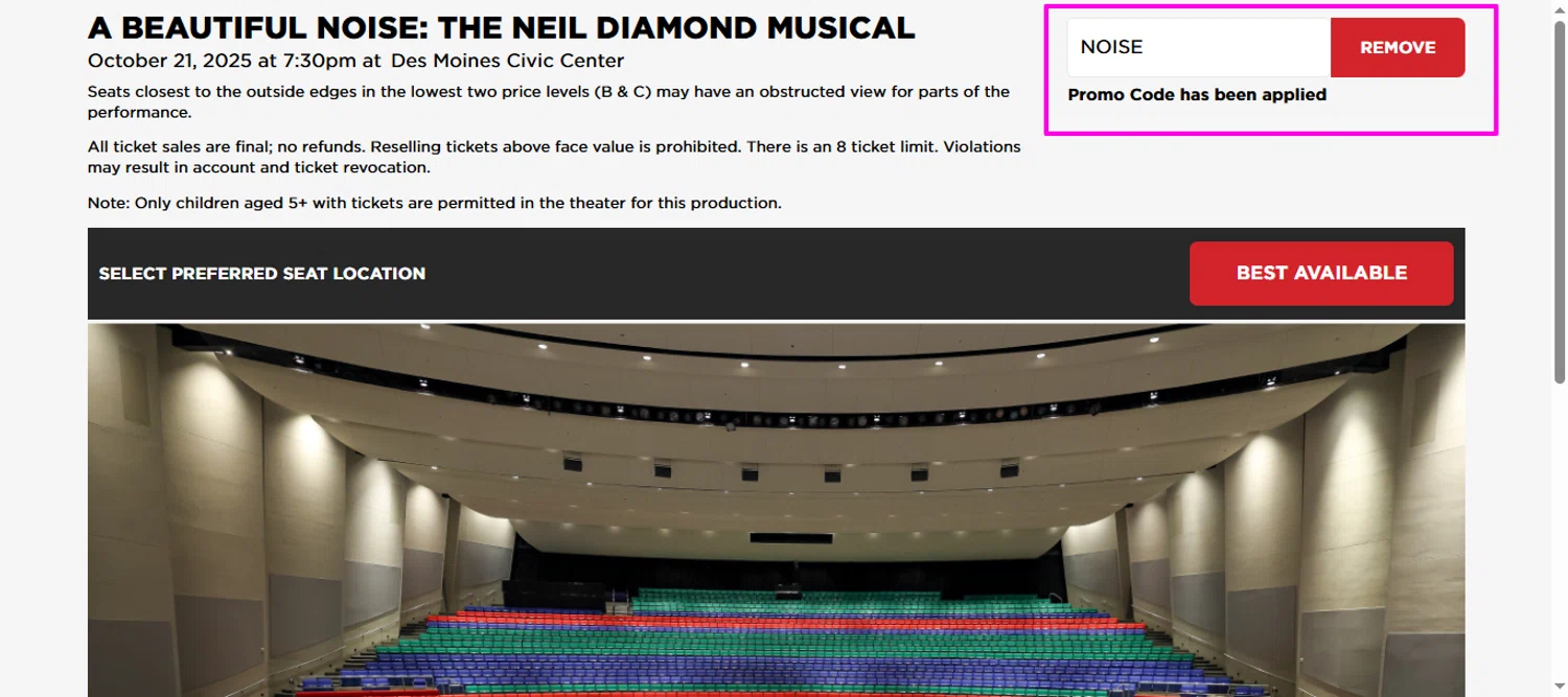 Des Moines Performing Arts promo code screenshot showing code NOISE applied at Des Moines Performing Arts checkout page. Uploaded by SimplyCodes community member mrdarcy on Oct 17, 2025