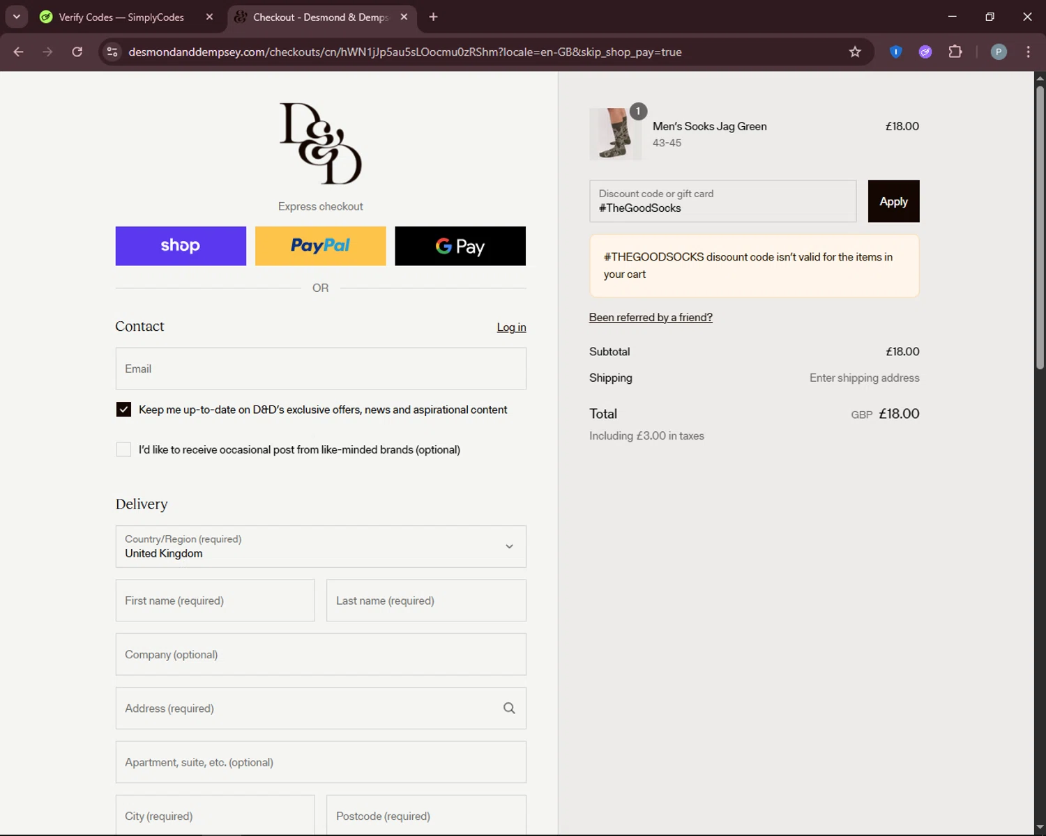 Desmond & Dempsey discount code screenshot showing code #TheGoodSocks applied at Desmond & Dempsey checkout page. Uploaded by SimplyCodes community member DiscountEagle6247 on Aug 12, 2025