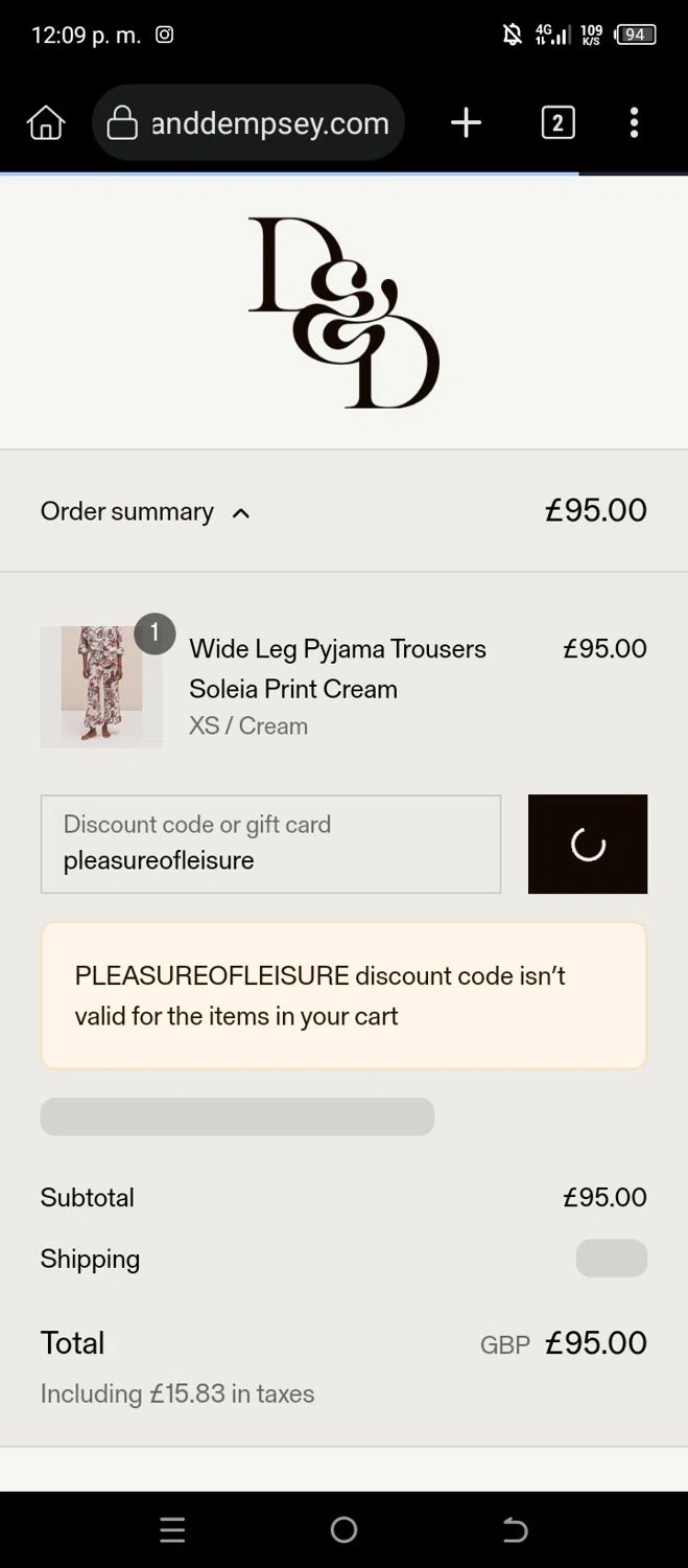 Desmond & Dempsey discount code screenshot showing code pleasureofleisure applied at Desmond & Dempsey checkout page. Uploaded by SimplyCodes community member DealScout5970 on Aug 24, 2025