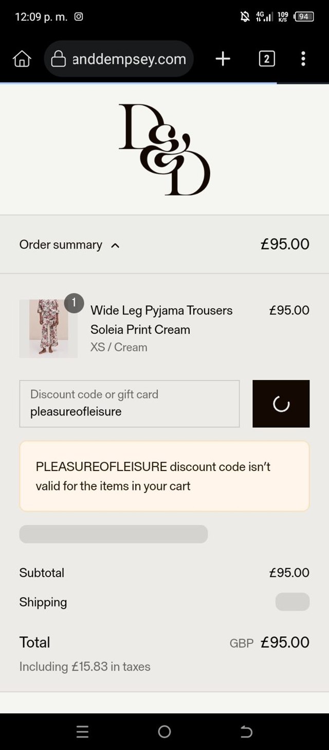 Desmond & Dempsey checkout page showing Desmond & Dempsey discount code box | Screenshot taken by SimplyCodes community member on Aug 24, 2025