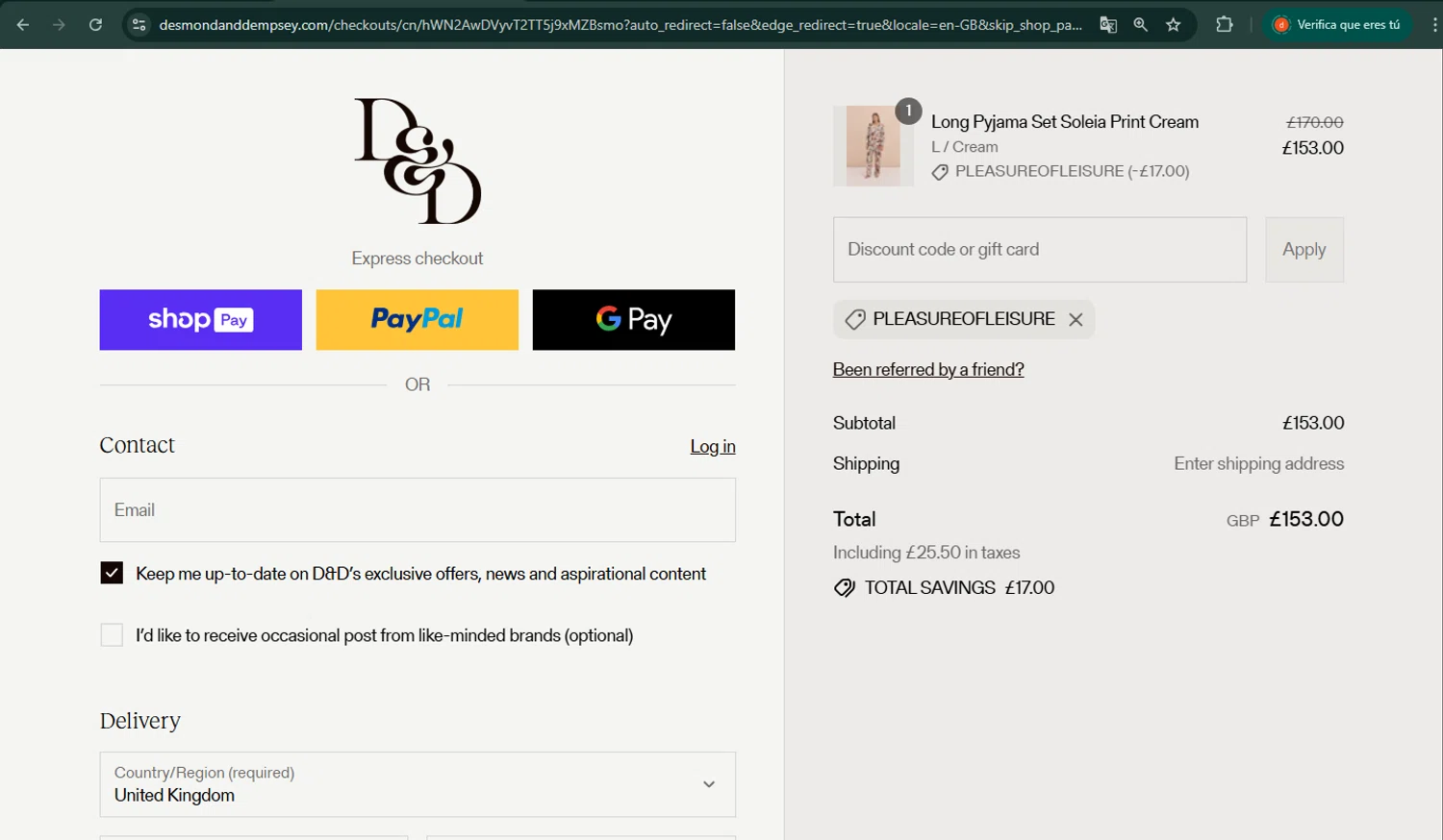 Desmond & Dempsey discount code screenshot showing code pleasureofleisure applied at Desmond & Dempsey checkout page. Uploaded by SimplyCodes community member VictoriaMoyeda on Aug 24, 2025
