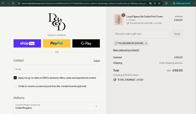 Desmond & Dempsey checkout page showing Desmond & Dempsey discount code box | Screenshot taken by SimplyCodes community member on Aug 24, 2025