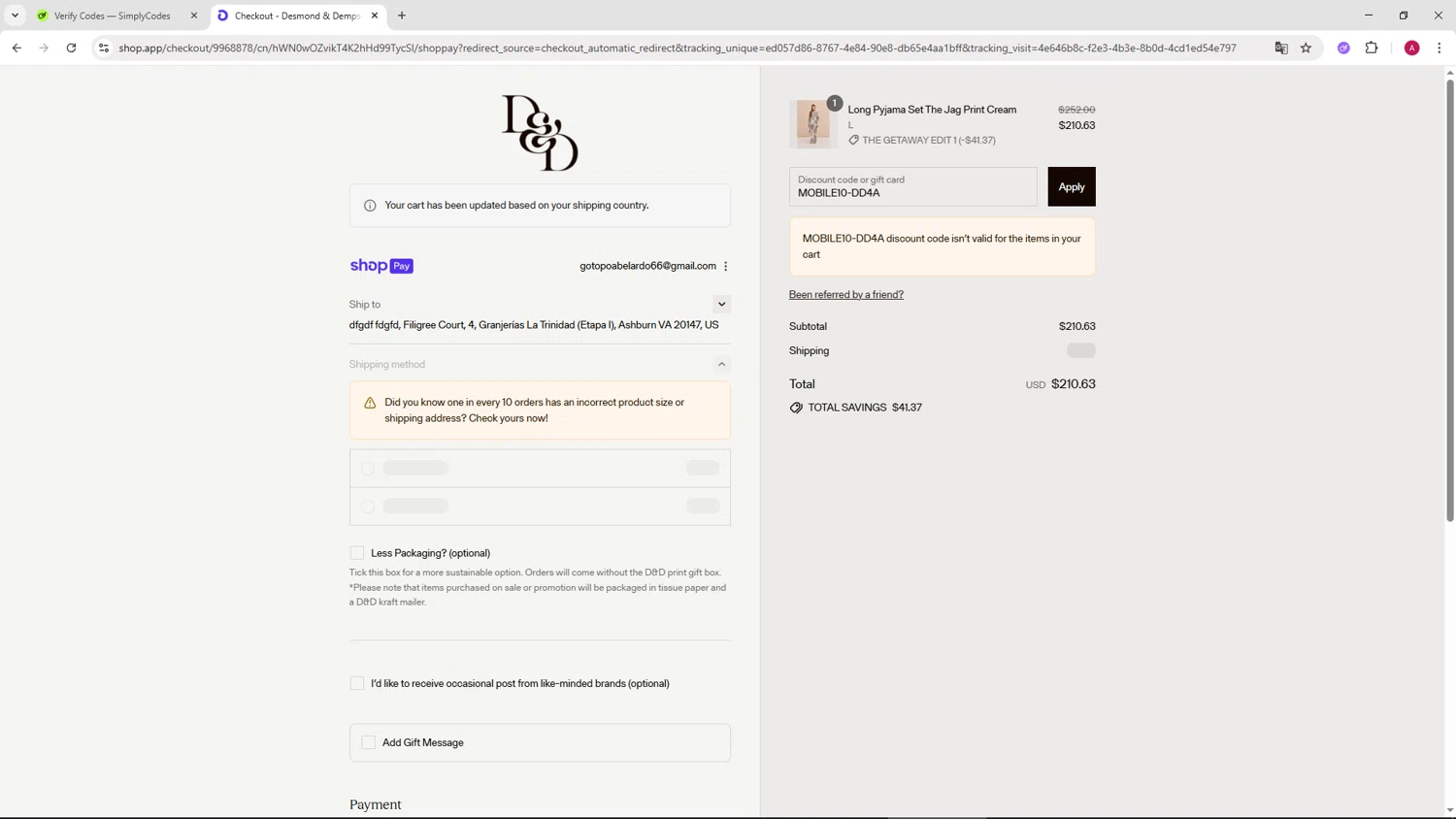Desmond & Dempsey discount code screenshot showing code MOBILE10-DD4A applied at Desmond & Dempsey checkout page. Uploaded by SimplyCodes community member BMWGS1200 on Jul 23, 2025