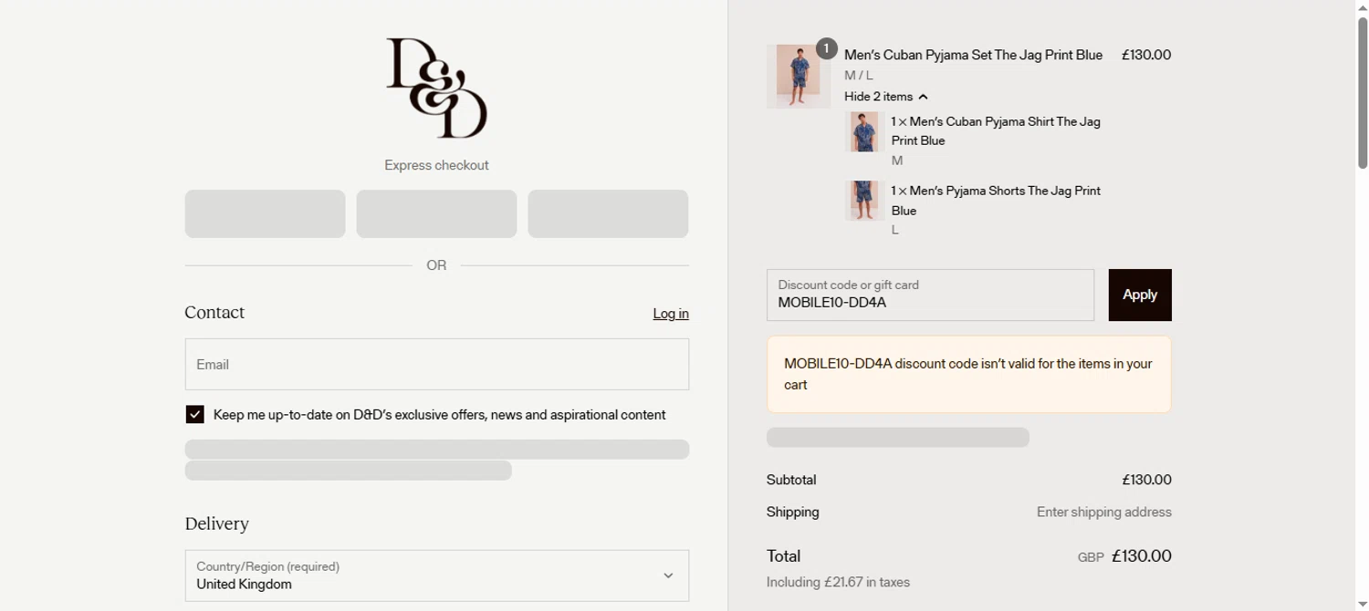 Desmond & Dempsey discount code screenshot showing code MOBILE10-DD4A applied at Desmond & Dempsey checkout page. Uploaded by SimplyCodes community member brcbrc on Jul 23, 2025