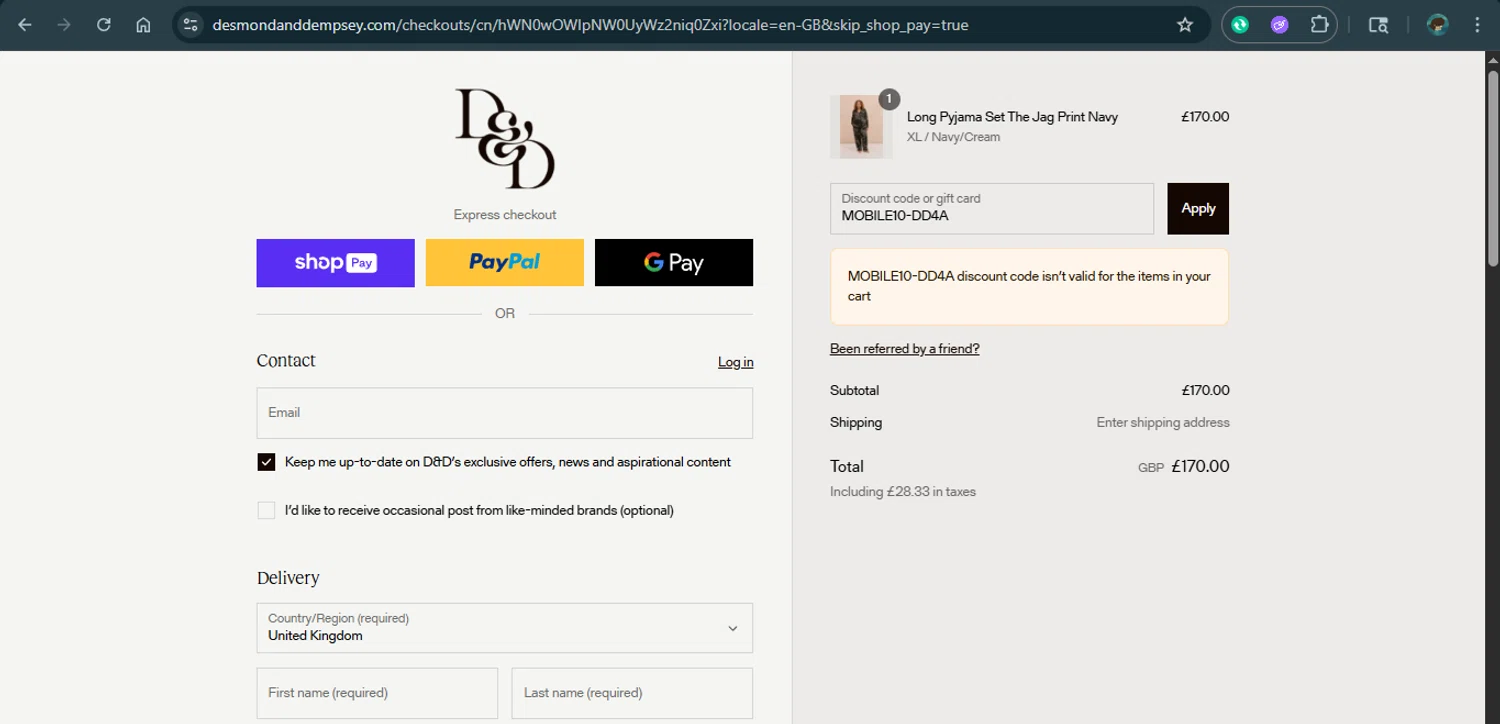 Desmond & Dempsey discount code screenshot showing code MOBILE10-DD4A applied at Desmond & Dempsey checkout page. Uploaded by SimplyCodes community member xAngel on Jul 23, 2025