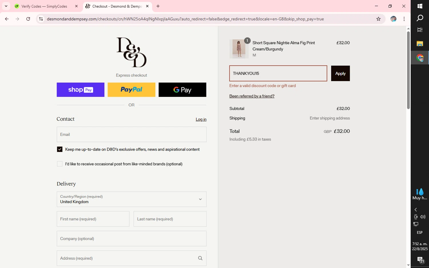 Desmond & Dempsey discount code screenshot showing code THANKYOU15 applied at Desmond & Dempsey checkout page. Uploaded by SimplyCodes community member Luisgauna0512 on Aug 22, 2025