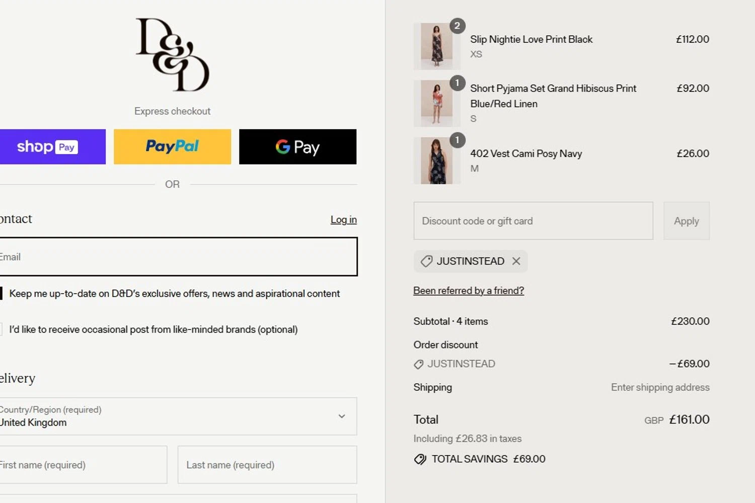 Desmond & Dempsey discount code screenshot showing code JUSTINSTEAD applied at Desmond & Dempsey checkout page. Uploaded by SimplyCodes community member angelfigueroa2008 on Aug 16, 2025