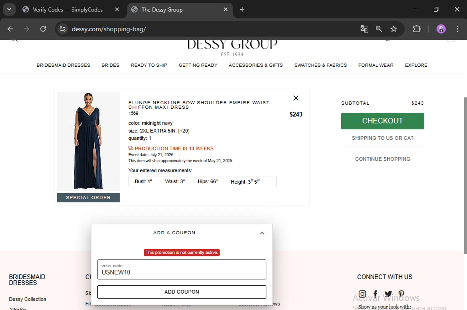 Dessy coupon code screenshot showing code USNEW10 applied at Dessy checkout page. Uploaded by SimplyCodes community member scotlake22 on Mar 12, 2025