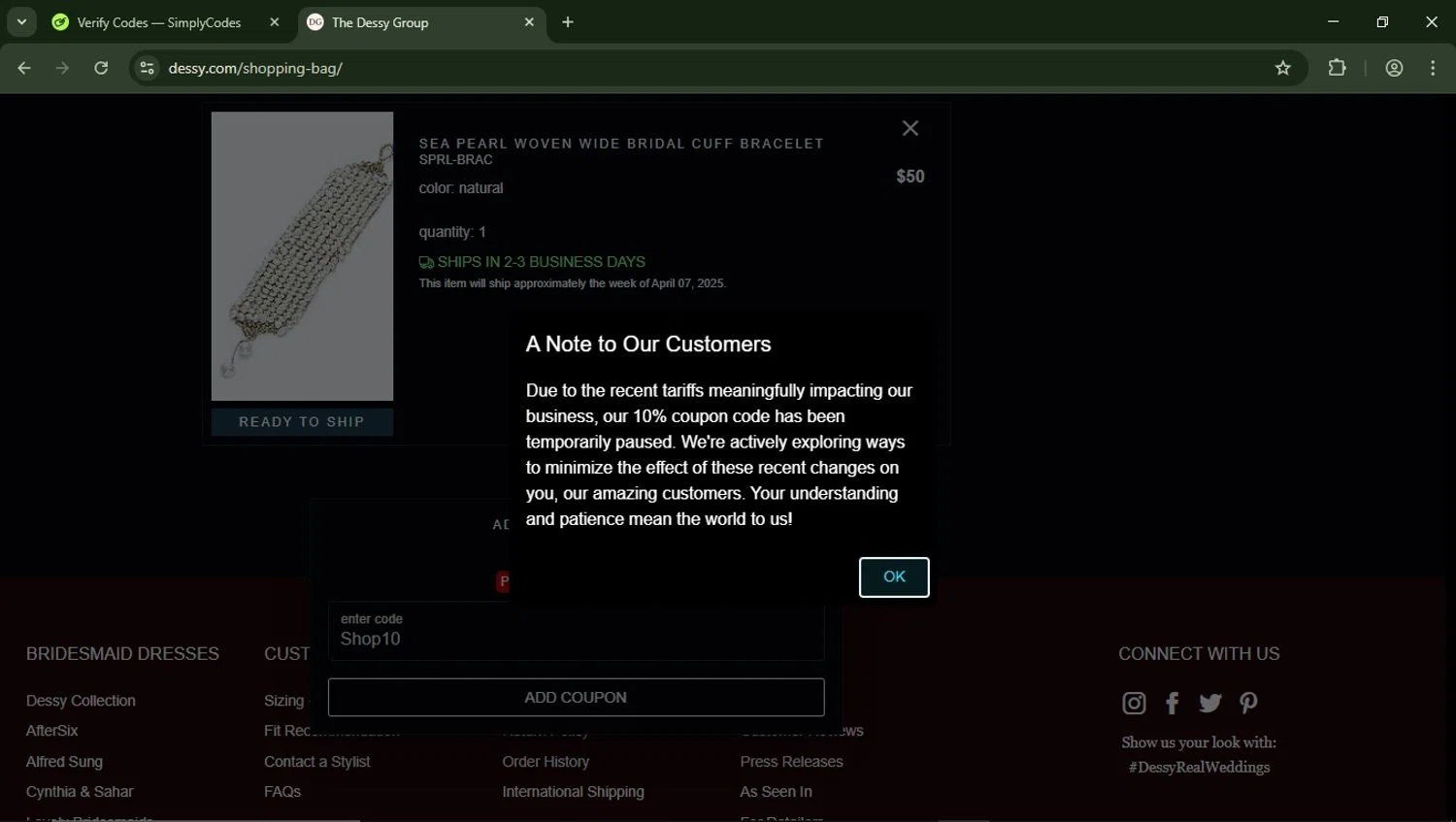 Dessy coupon code screenshot showing code Shop10 applied at Dessy checkout page. Uploaded by SimplyCodes community member LegendaryFalcon5662 on Apr 4, 2025