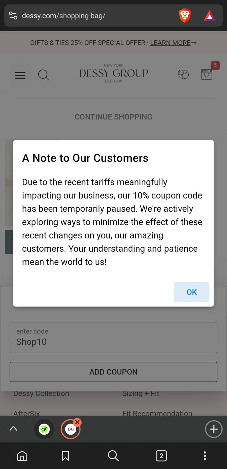 Dessy coupon code screenshot showing code Shop10 applied at Dessy checkout page. Uploaded by SimplyCodes community member xxdddd on Apr 4, 2025