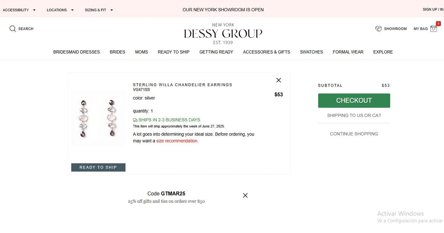 Dessy coupon code screenshot showing code GTMAR25 applied at Dessy checkout page. Uploaded by SimplyCodes community member Gaby04 on Jun 24, 2025