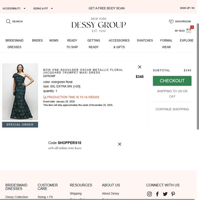 Dessy checkout page showing Dessy coupon code box | Screenshot taken by SimplyCodes community member on Aug 19, 2025