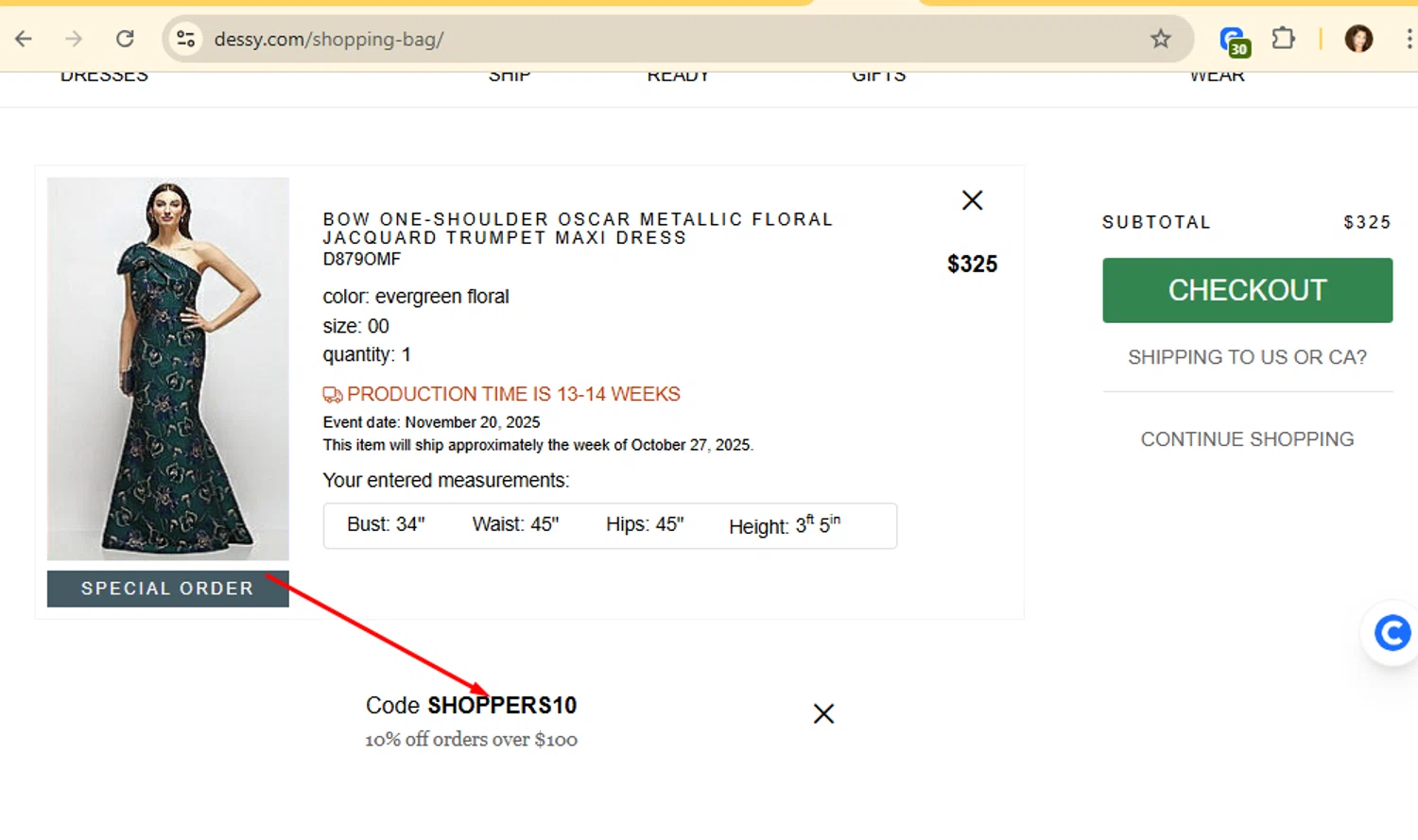 Dessy coupon code screenshot showing code SHOPPERS10 applied at Dessy checkout page. Uploaded by SimplyCodes community member AMANDA2681 on Jul 21, 2025