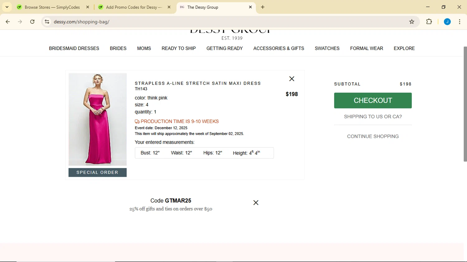 Dessy coupon code screenshot showing code GTMAR25 applied at Dessy checkout page. Uploaded by SimplyCodes community member Luisitoxd12 on Jun 24, 2025