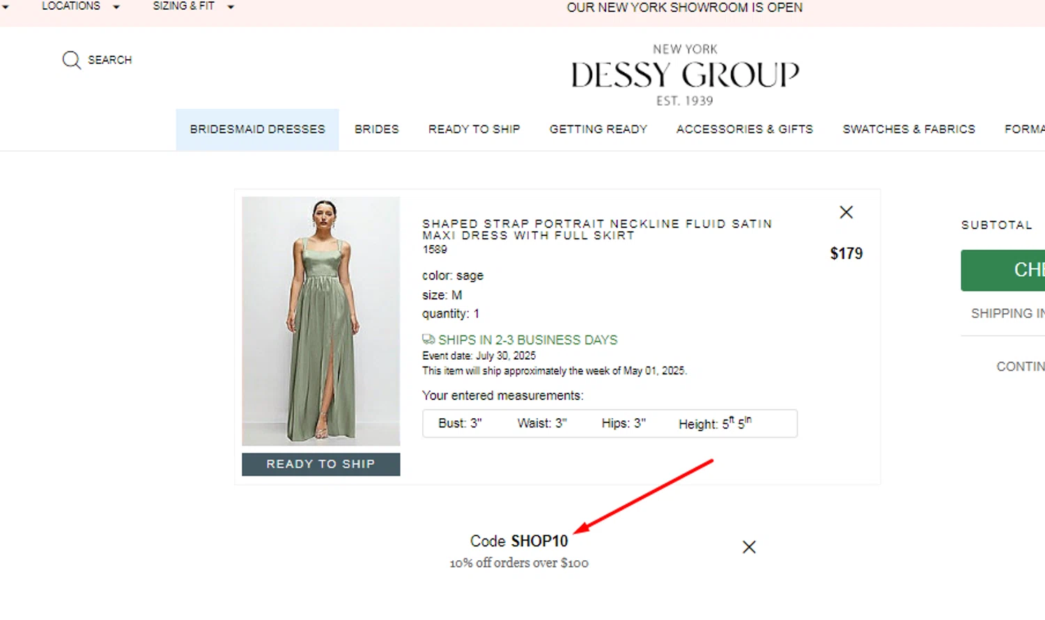 Dessy coupon code screenshot showing code Shop10 applied at Dessy checkout page. Uploaded by SimplyCodes community member carlosrivero on Apr 28, 2025