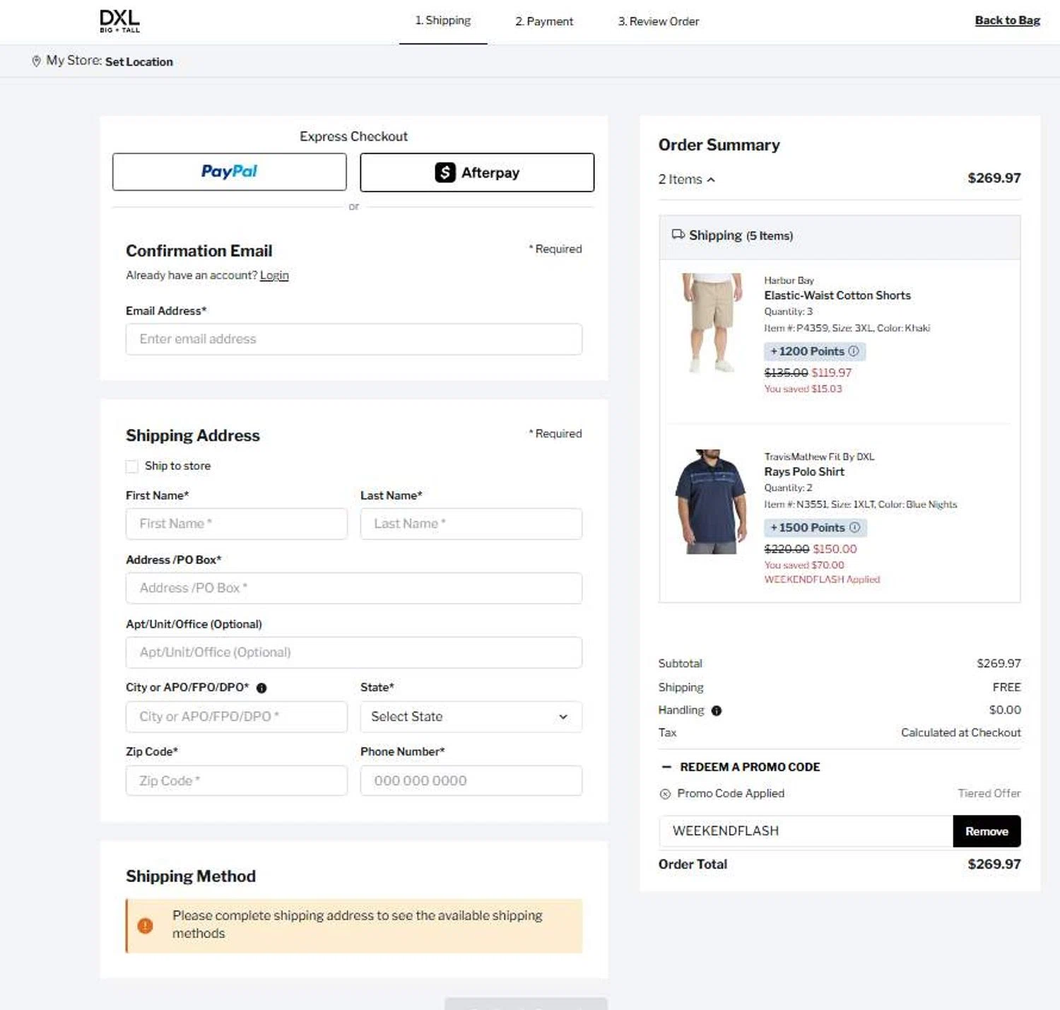 DXL promo code screenshot showing code WEEKENDFLASH applied at DXL checkout page. Uploaded by SimplyCodes community member 6d796e616d656973 on Jul 26, 2025