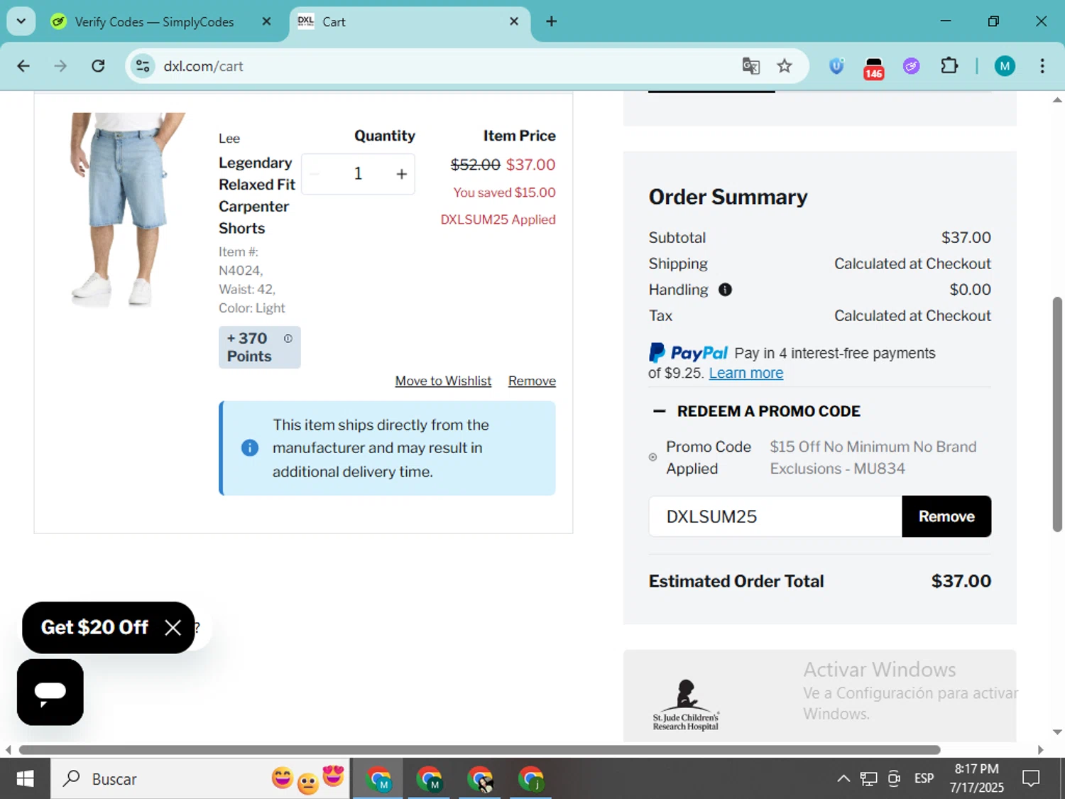 DXL promo code screenshot showing code DXLSUM25 applied at DXL checkout page. Uploaded by SimplyCodes community member estrellaveloz on Jul 18, 2025