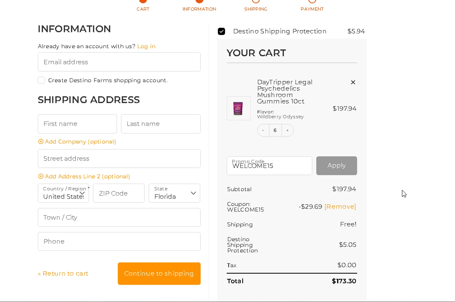 Destino Farms discount code screenshot showing code WELCOME15 applied at Destino Farms checkout page. Uploaded by SimplyCodes community member lisethchirino on Jun 22, 2025