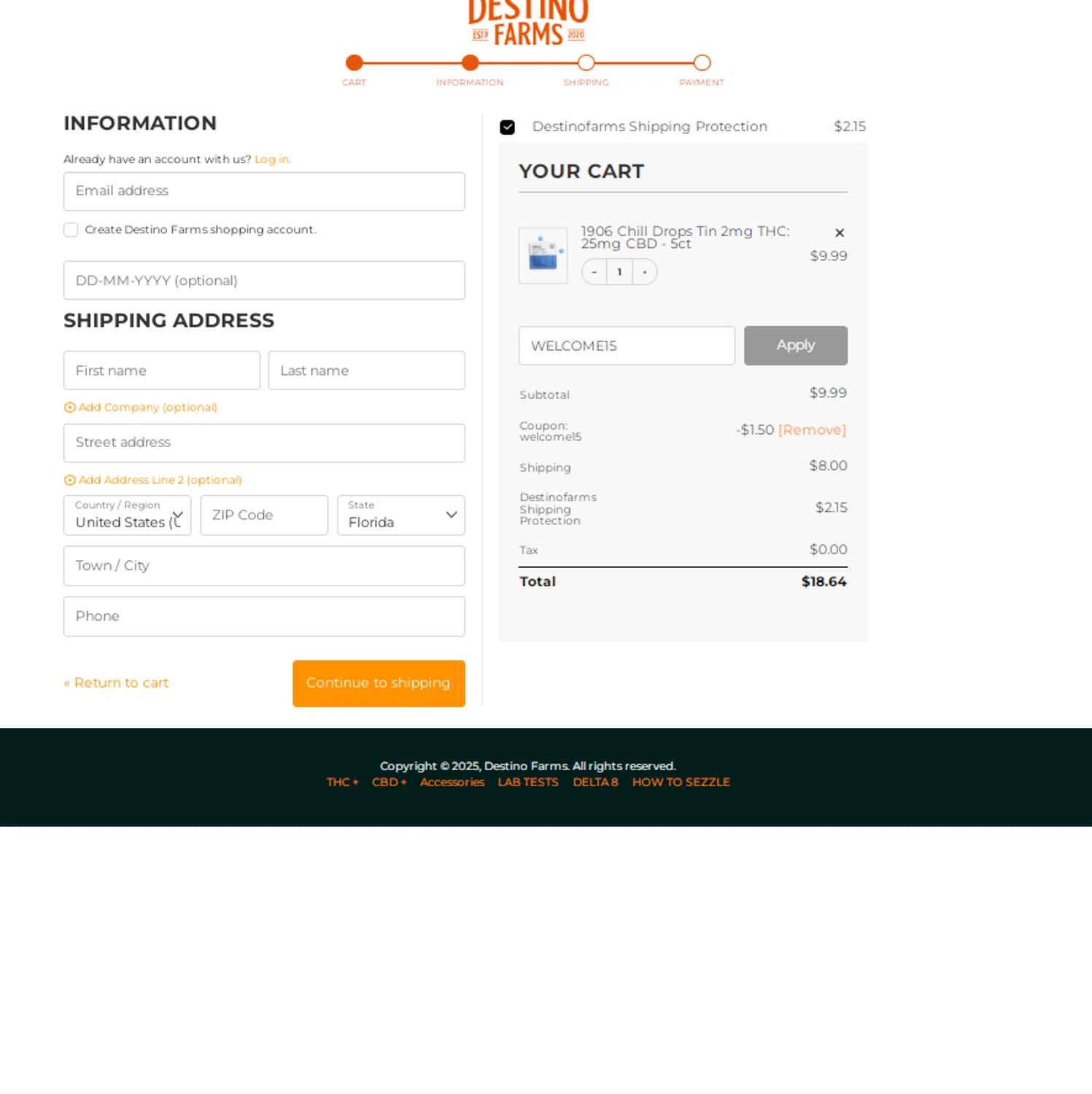 Destino Farms discount code screenshot showing code WELCOME15 applied at Destino Farms checkout page. Uploaded by SimplyCodes community member reggiesmith on Apr 25, 2025