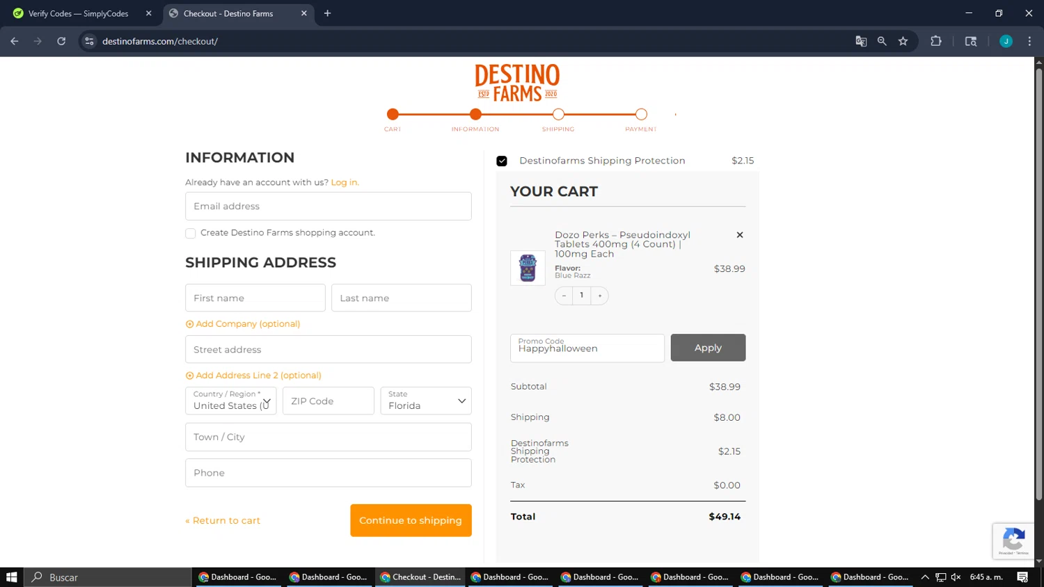 Destino Farms checkout page showing Destino Farms discount code box | Screenshot taken by SimplyCodes community member on Jan 13, 2026