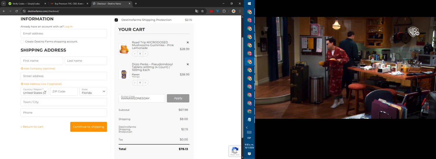 Destino Farms checkout page showing Destino Farms discount code box | Screenshot taken by SimplyCodes community member on Jan 16, 2026