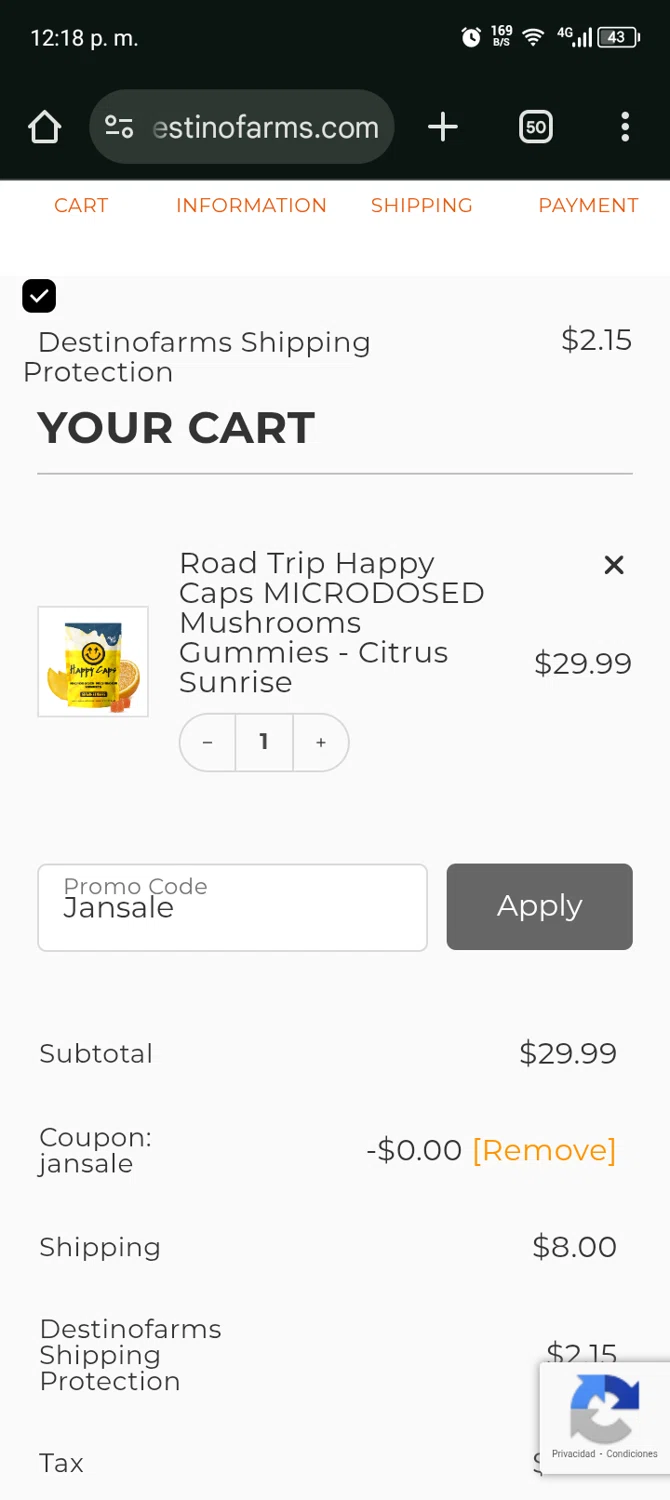 Destino Farms discount code screenshot showing code Jansale applied at Destino Farms checkout page. Uploaded by SimplyCodes community member Bernado on Jan 21, 2026