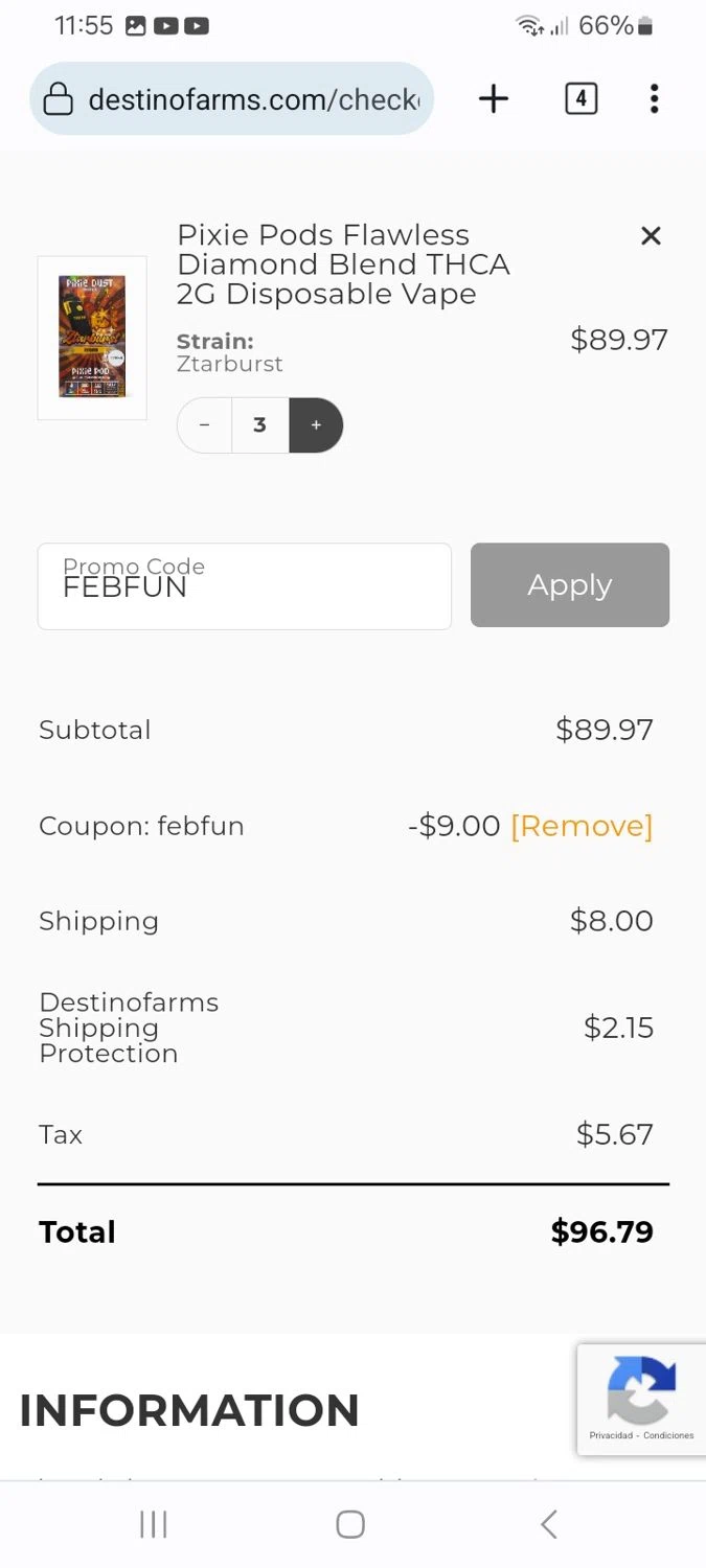 Destino Farms discount code screenshot showing code FEBFUN applied at Destino Farms checkout page. Uploaded by SimplyCodes community member ScanMaverick9378 on Feb 2, 2026
