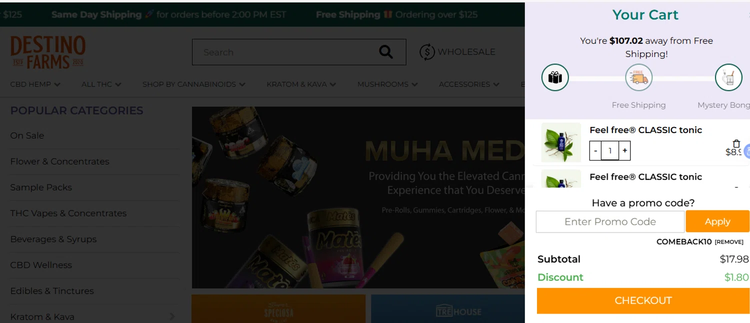 Destino Farms discount code screenshot showing code comeback10 applied at Destino Farms checkout page. Uploaded by SimplyCodes community member Olorinnnnn on Nov 3, 2025