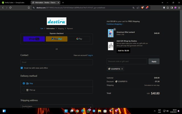 Destira checkout page showing Destira coupon code box | Screenshot taken by SimplyCodes community member on Aug 6, 2024